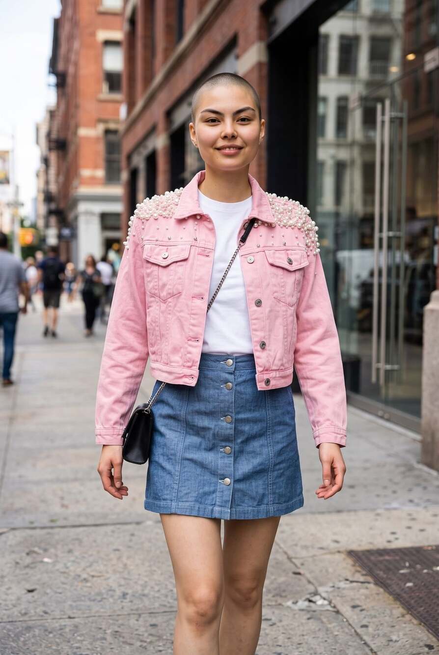 Pink Denim Jacket Rhinestone Pearls